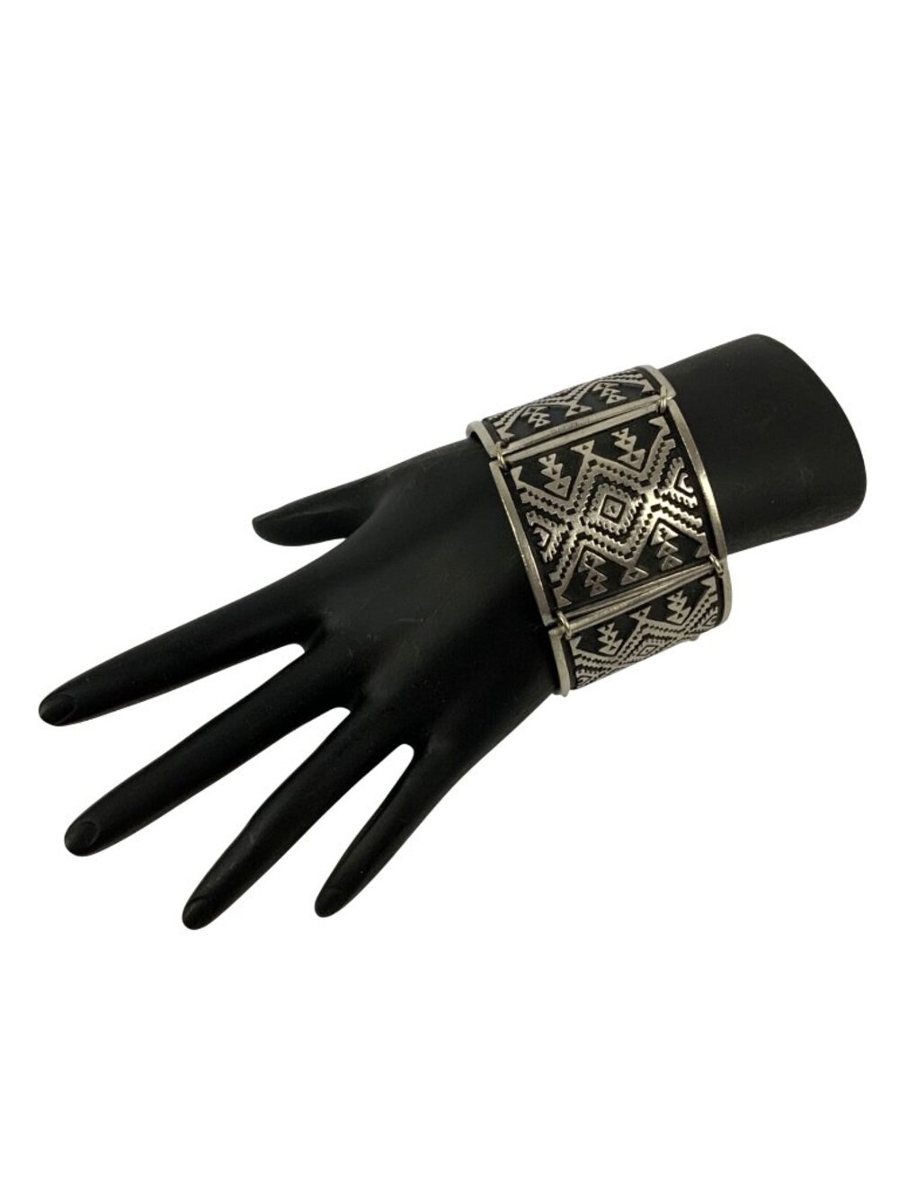 Vintage Alice Seely Silvertone Cuff Bracelet With Tribal Design Toggle Clasp